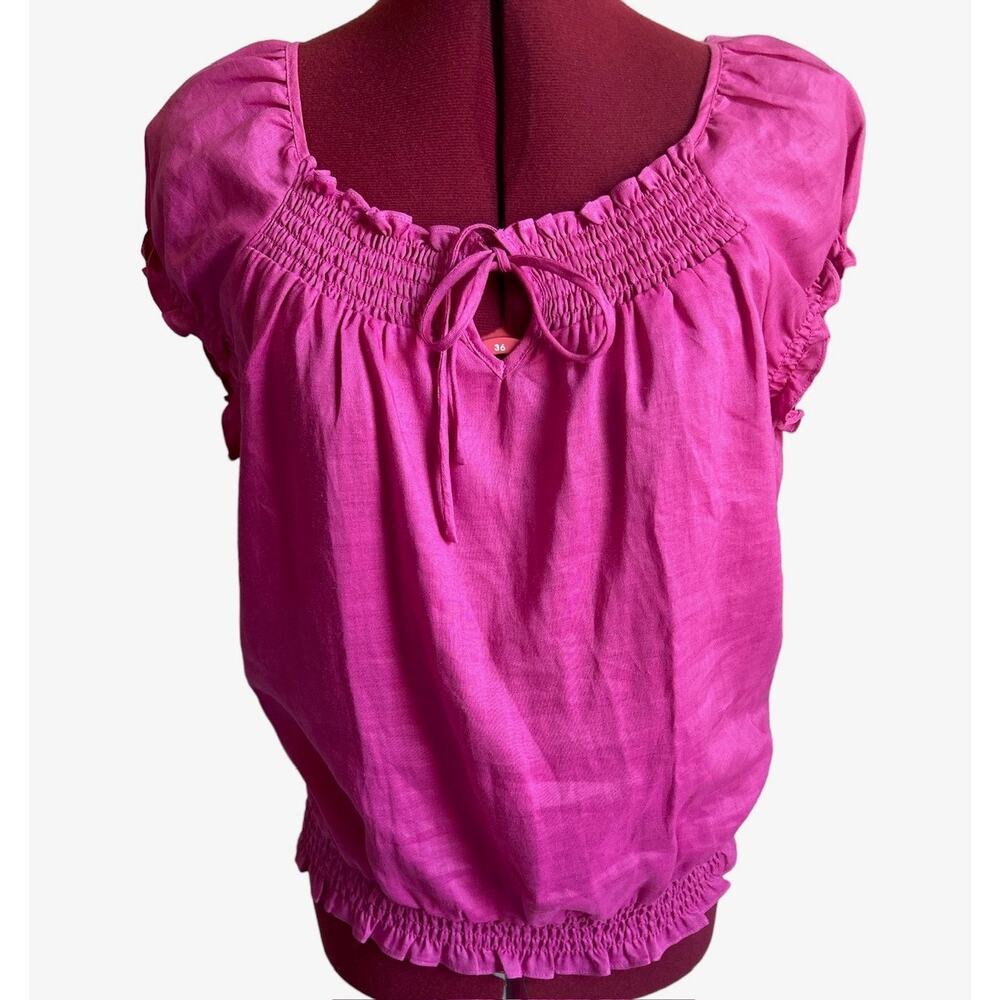 Sunny‎ Leigh Size Medium 100% Linen Blouse Ruffle Sleeves Rushed Bow Neck